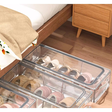 Cutie de Depozitare pentru Pantofi, , 60*30*21CM , din Plasa PVC Impermeabila si Cadru de Otel, Pliabila, Fermoar Bidirectional, Transparenta [2]