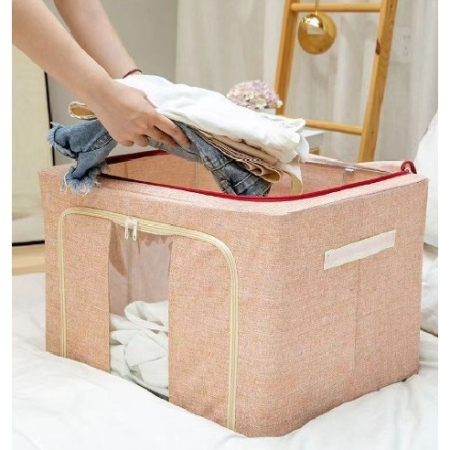 Cutie de Depozitare Pliabila, , 100 L, din Bumbac si In, 60x42x40 cm, Fereastra Frontala, 2 Usi de Acces cu Fermoar Bidirectional, Cadru Metalic, Suport Baza Stabil din Plastic, Roz Pudrat [2]