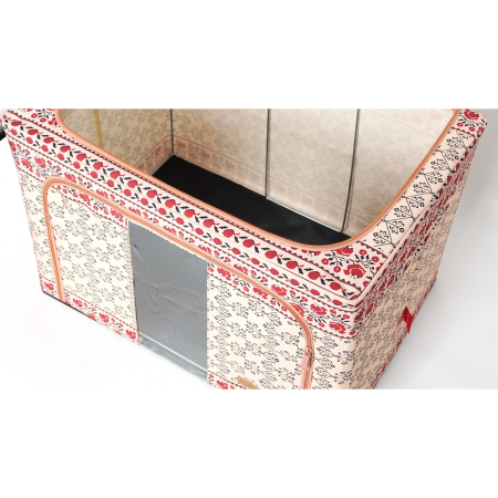 Cutie de Depozitare Pliabila, ,100 L din Bumbac si In, 60X42X40 cm, Fereastra Frontala, 2 Usi de Acces cu Fermoar Bidirectional, Cadru Metalic, Suport Baza Stabil din Plastic, Motiv Traditional Model 3 [1]