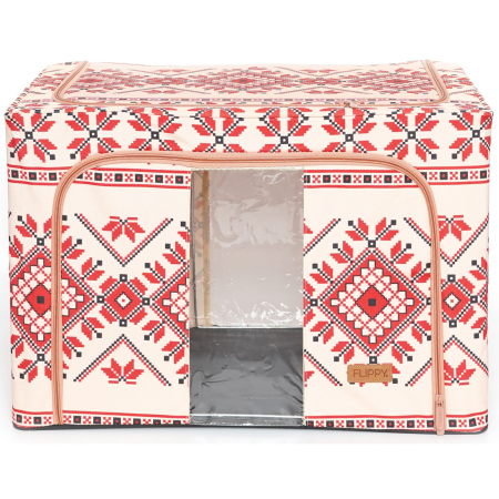 ✨TOATE PRODUSELE✨ - Cutie de Depozitare Pliabila, ,100 L din Bumbac si In, 60X42X40 cm, Fereastra Frontala, 2 Usi de Acces cu Fermoar Bidirectional, Cadru Metalic, Suport Baza Stabil din Plastic, Motiv Traditional Model 2