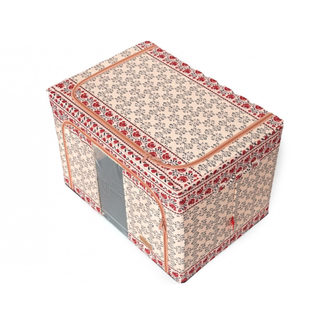 Cutie de Depozitare Pliabila, ,100 L din Bumbac si In, 60X42X40 cm, Fereastra Frontala, 2 Usi de Acces cu Fermoar Bidirectional, Cadru Metalic, Suport Baza Stabil din Plastic, Motiv Traditional Model 3 [8]