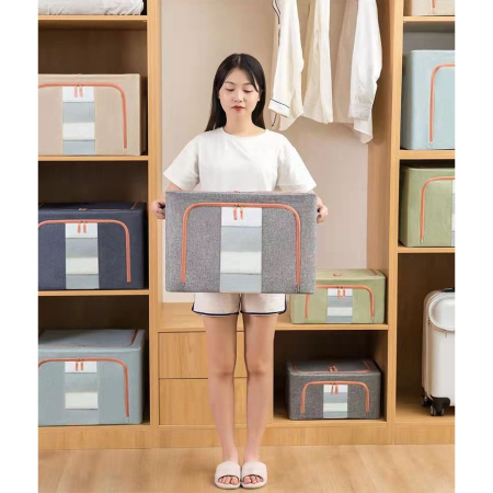 Cutie de Depozitare Pliabila, , 24 L, din Bumbac si In, 40x30x20 cm, Fereastra Frontala, 2 Usi de Acces cu Fermoar Bidirectional, Cadru Metalic, Suport Baza Stabil din Plastic, Gri [8]