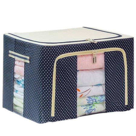 Cutie de Depozitare Pliabila, , 24 L, Panza Oxford, 40x30x20 cm, Fereastra Frontala, 2 Usi de Acces cu Fermoar Bidirectional, Cadru Metalic, Suport Baza Stabil din Plastic, Imprimeu buline, Albastru Marin [1]
