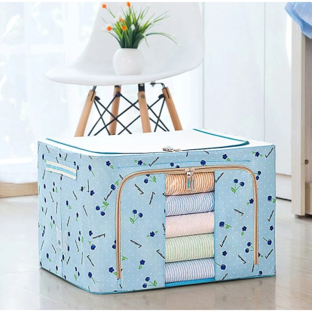 ✨TOATE PRODUSELE✨ - Cutie de Depozitare Pliabila, , 24 L, Panza Oxford, 40x30x20 cm, Fereastra Frontala, 2 Usi de Acces cu Fermoar Bidirectional, Cadru Metalic, Suport Baza Stabil din Plastic, Imprimeu cirese, Albastru