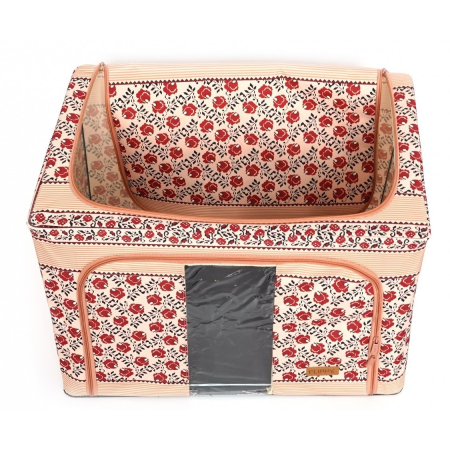 Cutie de Depozitare Pliabila, , 66 L din Bumbac si In, 52 x 42 x 39 cm, Fereastra Frontala, 2 Usi de Acces cu Fermoar Bidirectional, Cadru Metalic, Suport Baza Stabil din Plastic, Motiv Traditional Model 7 [3]