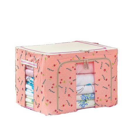 Cutie de Depozitare Pliabila, , 66 L, din Tesatura Oxford, 50x40x33 cm, 2 Ferestre, Frontala si Laterala, 2 Usi de Acces cu Fermoar Bidirectional, Cadru Metalic, Suport Baza Stabil din Plastic, Imprimeu Cirese, Roz [2]