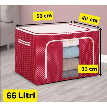 ✨TOATE PRODUSELE✨ - Cutie de Depozitare Pliabila, , 66 L, din Tesatura Oxford, 50x40x33 cm, Fereastra Frontala, 2 Usi de Acces cu Fermoar Bidirectional, Cadru Metalic, Suport Baza Stabil din Plastic, Imprimeu Buline, Rosu