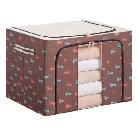 Cutie de Depozitare Pliabila, , 66 L, din Tesatura Oxford, 50x40x33 cm, Fereastra Frontala, 2 Usi de Acces cu Fermoar Bidirectional, Cadru Metalic, Suport Baza Stabil din Plastic, Imprimeu Catelusi, Maro [5]