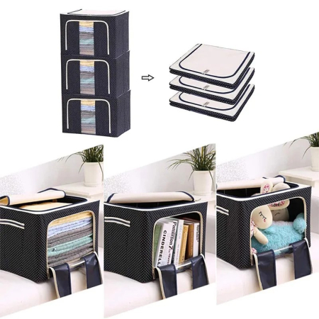 Cutie de Depozitare Pliabila, , Cu Fermoar, 100 L, Textil, 60x42x40 cm, Albastru Marin, Cadru Metalic, Suport Baza Stabil din Plastic, Imprimeu buline [6]