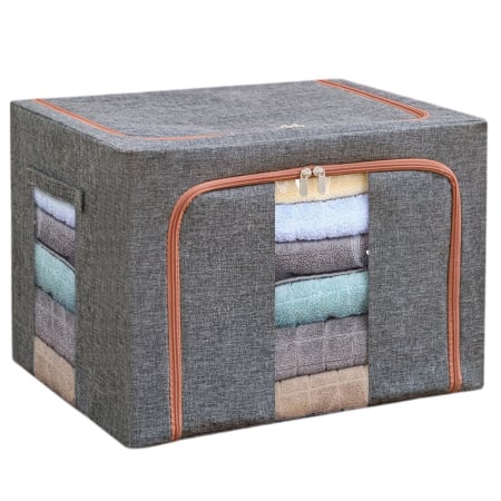 ✨TOATE PRODUSELE✨ - Cutie de depozitare pliabila, , Cu fermoar, 100 L, Textil, 60x42x40 cm, Cadru Metalic, Suport Baza Stabil din Plastic, Gri