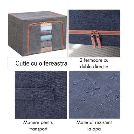 Cutie de Depozitare Pliabila 100 L, 60 x 42 x 40 cm, Cadru Metalic, 2 Ferestre, Gri - ORIGINAL DEALS [5]