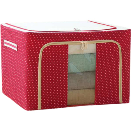 Cutie de Depozitare Pliabila, , cu Fermoar, 100 L, Textil, 60x42x40 cm, O Fereastra, Cadru Metalic, Suport Baza Stabil din Plastic, imprimeu punctat, Rosu [2]