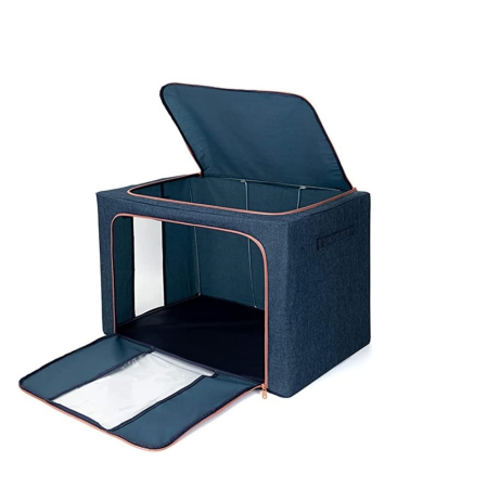 Cutie de Depozitare Pliabila, , Cu Fermoar, 24 L, Textil, 40x30x20 cm, Cadru Metalic, Suport Baza Stabil din Plastic, Albastru Marin cu Doua Ferestre [2]