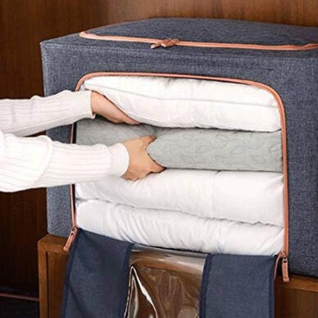 Cutie de depozitare pliabila, , Cu fermoar, 66 L, Textil, 50x40x33 cm, Albastru Marin, Cadru Metalic, Suport Baza Stabil din Plastic, Cu doua ferestre [4]