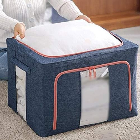 Cutie de depozitare pliabila, , Cu fermoar, 66 L, Textil, 50x40x33 cm, Albastru Marin, Cadru Metalic, Suport Baza Stabil din Plastic, Cu doua ferestre [5]