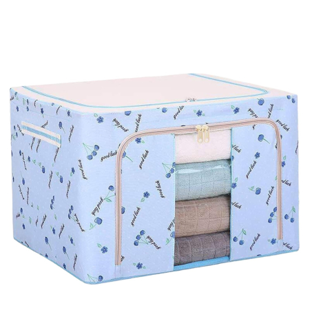 Cutie de Depozitare Pliabila, , Cu Fermoar, 66 L, Textil, 50x40x33 cm, cu 2 Ferestre, Cadru Metalic, Suport Baza Stabil din Plastic, Imprimeu Cirese, Albastru [5]