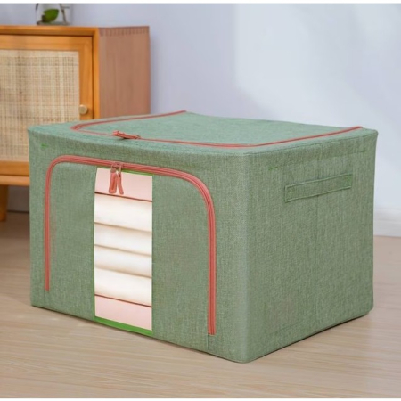 Cutie de Depozitare Pliabila, , Cu fermoar Bidirectional, 66 L, Textil, 50x40x33 cm, Cadru Metalic, o Fereastra, Suport Baza Stabil din Plastic, Verde [1]