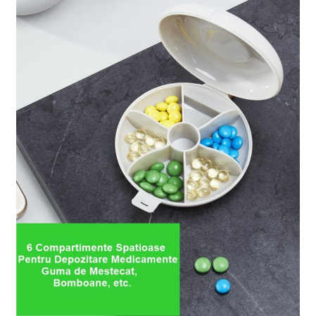 Cutie Depozitare Medicamente, , 6 Compartimente, Inchidere Etans, Portabila, Rotund, Alb/Negru, PP, 8.4x2.9x8.5 cm [2]