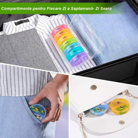 Cutie Depozitare Medicamente, , 7 Zile, 14 Compartimente, Cutie Suport, Recipiente Detasabile, Portabila, Multicolor, 17.5x11x9.5 cm [5]