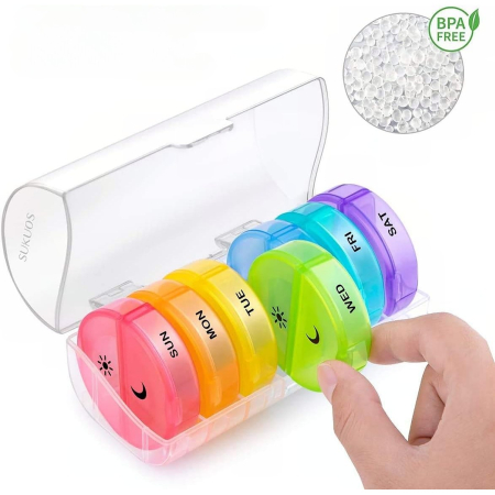 Cutie Depozitare Medicamente, , 7 Zile, 14 Compartimente, Cutie Suport, Recipiente Detasabile, Portabila, Multicolor, 17.5x11x9.5 cm [3]