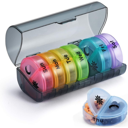 ✨TOATE PRODUSELE✨ - Cutie Depozitare Medicamente, , 7 Zile, 14 Compartimente, Cutie Suport, Recipiente Detasabile, Portabila, Recipiente Colorate, Suport Negru, 17.5x11x9.5 cm