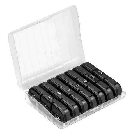 ✨TOATE PRODUSELE✨ - Cutie Depozitare Medicamente, , 7 Zile, 21 Compartimente, Cutie Suport, Recipiente Detasabile, Portabila, Compartimente Negre, Cutie Transparenta, 15.6x12 cm