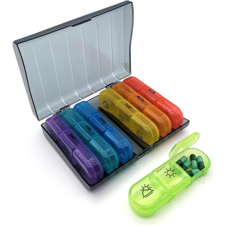 ✨TOATE PRODUSELE✨ - Cutie Depozitare Medicamente, , 7 Zile, 21 Compartimente, Cutie Suport, Recipiente Detasabile, Portabila, Recipiente Colorate, Cutie Neagra, 15.6x12 cm