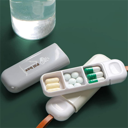 Cutie Depozitare Medicamente, , Portabila, 3 Compartimente, Tip Breloc, Plastic, Glisanta, Gri, 10.7x3.6x1.6 cm [1]