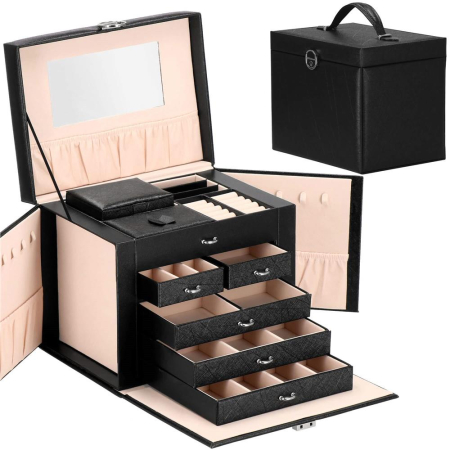 Casă - Cutie depozitare si organizare bijuterii, piele ecologica + velur, 26 x 21,5 x 19 cm, negru