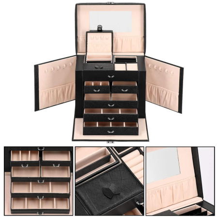 Cutie depozitare si organizare bijuterii, piele ecologica + velur, 26 x 21,5 x 19 cm, negru [34]