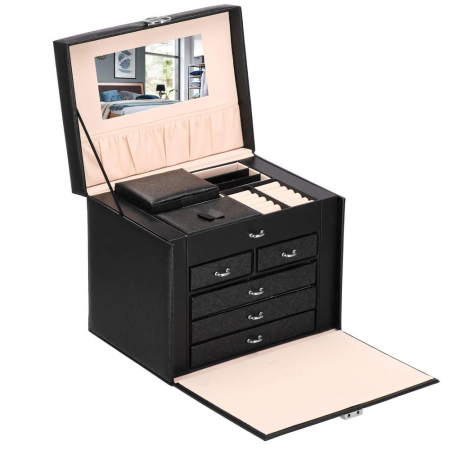 Cutie depozitare si organizare bijuterii, piele ecologica + velur, 26 x 21,5 x 19 cm, negru [12]