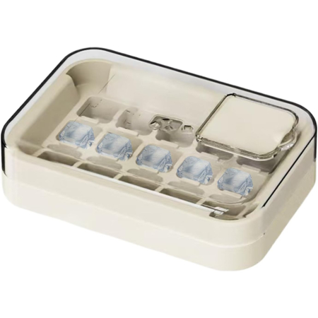 Forme cuburi de gheata - Cutie Gheata, 15 Cuburi, Cu Sistem de Presare Spate, Capac de Umplere și Evacuare, 1 L, 16.5 x 11.2 x 4.5 cm, Alb