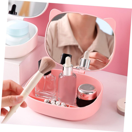 Cutie Organizatoare cu Oglinda, , 4 Compartimente, pentru Cosmetice si Accesorii, din ABS, 17x13x6 cm, Roz [3]