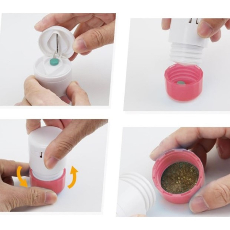 Cutie Pastile Multifunctionala, , 4 in 1, Pahar Apa, Taiere, Sfaramare, Depozitare, Compact, ABS cu Lama din Inox, Alb/Roz, 8.7x6.2x4.1 cm [3]