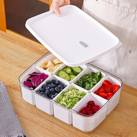 Cutie pentru Depozitare Alimente, , 8 Compartimente cu Capac, Material PET+PP, 29 x 20 x 9 cm, Alb/Transparent [10]