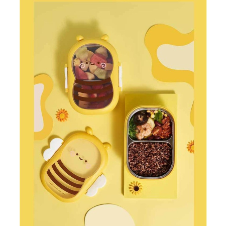 Cutie pentru Pranz, , din PP si Otel Inoxidabil, Model Albina, 2 Compartimente, 301-500 ml, Galben [1]