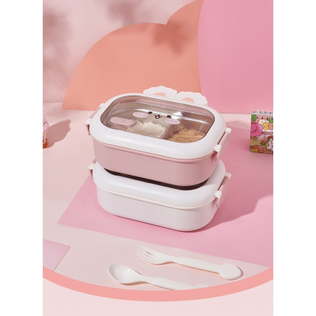 Cutie pentru Pranz sau Gustari, , cu Doua Compartimente, Model Iepuras, pentru Copii si Adulti, Etansare, PP, Perfect pentru Scoala si Birou, 1000 mL, 22x17.8x8 cm, Alb [3]