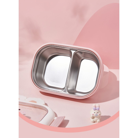 Cutie pentru Pranz sau Gustari, , cu Doua Compartimente, Model Iepuras, pentru Copii si Adulti, Etansare, PP, Perfect pentru Scoala si Birou, 1000 mL, 22x17.8x8 cm, Roz [4]