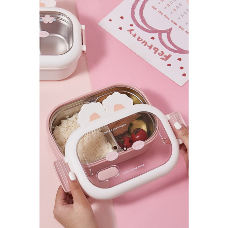 Cutie pentru Pranz sau Gustari, , cu Doua Compartimente, Model Iepuras, pentru Copii si Adulti, Etansare, PP, Perfect pentru Scoala si Birou, 1000 mL, 22x17.8x8 cm, Roz [3]