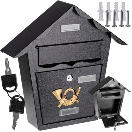 Cutie postala eleganta din metal negru, design clasic cu emblema aurie, rezistenta la intemperii, 38x38x10cm [7]