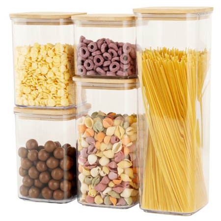 Organizatoare si Depozitare Bucatarie - Cutii de Depozitare Alimente, , Set din 5 Cutii de tip Container, Cutii pentru Cereale, din Plastic, Capac din Bambuc, 1pc 0.5 l. 2pc 0.8 l, 2pc 1.2 l, 1pc 1.9 l, Transparente