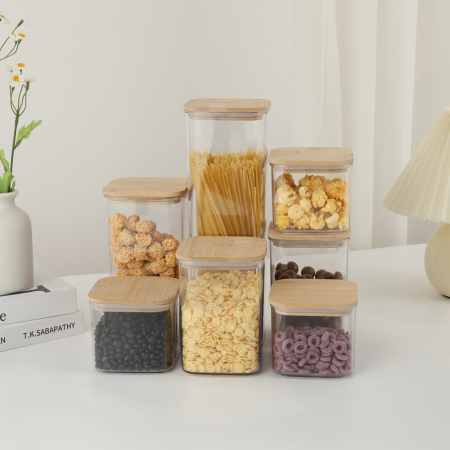 Cutii de Depozitare Alimente, , Set din 7 Cutii de tip Container, Cutii pentru Cereale, din Plastic, Capac din Bambuc, 2pc 0.5 l, 2pc 0.8 l, 2pc 1.2 l, 1pc 2.5 l, Transparente [2]