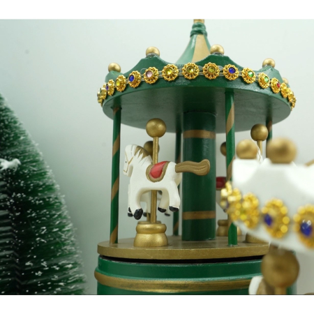 Cutiuta muzicala decorata de Craciun, Carusel rotativ, Verde, din Lemn, Interior,  [3]