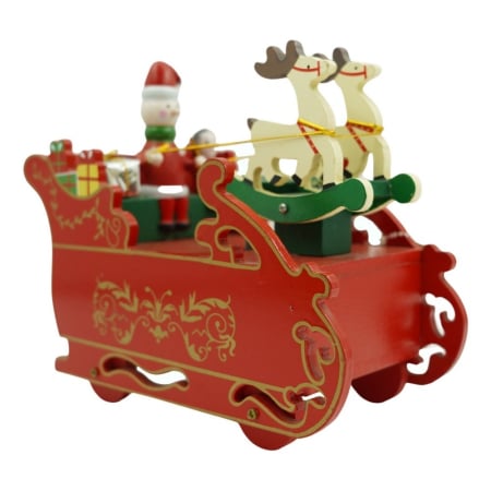 ✨TOATE PRODUSELE✨ - Cutiuta muzicala decorata, Sania lui Mos Craciun, Rosu, din Lemn, 16 cm x 18.5 cm, Interior, 