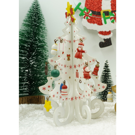 Decoratiune Craciun, Brad, Alb, 6 cavitati cu ornamente, 12 cm x 20 cm, Lemn,  [2]