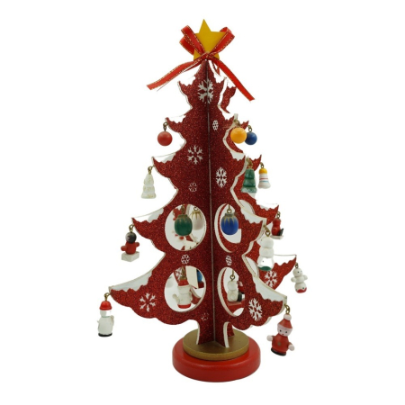 ✨TOATE PRODUSELE✨ - Decoratiune Craciun, Brad, Rosu/Alb, 8 cavitati cu ornamente, 18.5 cm x 33 cm, Lemn, 