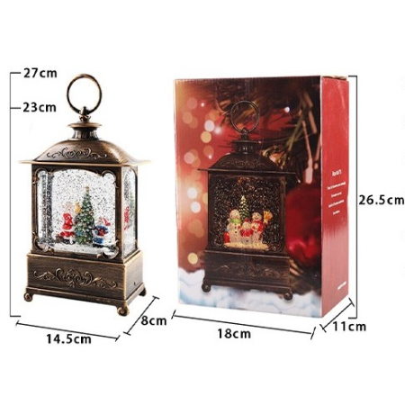 Decoratiune Craciun, Tip Felinar, Figurine Mos Craciun cu Baietel, 3 Moduri, Functie Muzicala, Zapada in Miscare, Functioneaza Cu Baterii ( 3 x AA neincluse), Cablu USB (Inclus), Model Vintage Negru - Auriu, 14.5 x 8 x 23 cm, Alb Cald [6]