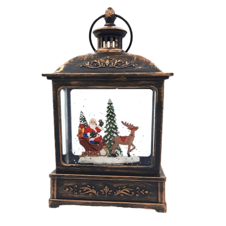 Decoratiune Craciun, Tip Felinar, Figurine Mos Craciun cu Sania, 3 Moduri, Functie Muzicala, Zapada in Miscare, Functioneaza Cu Baterii ( 3 x AA neincluse), Cablu USB (Inclus), Model Vintage Negru - Auriu, 15 x 8.1 x 22.5 cm, Alb Cald [1]