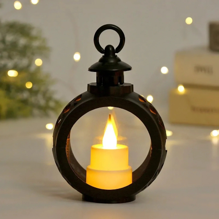 Decoratiune Craciun tip Felinare cu baterii, 13.5 x 9 cm,Lumanare cu lumina alb cald fara geam,baterii incluse,Negru [2]