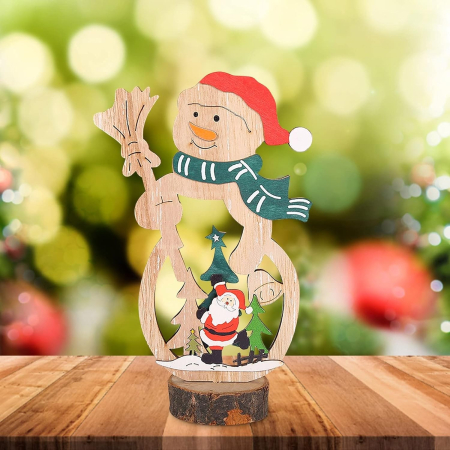 Decoratiune de Craciun, , din Lemn, 11 x 20 cm, Model Om de Zapada cu Caciula Rosie, Multicolor [2]